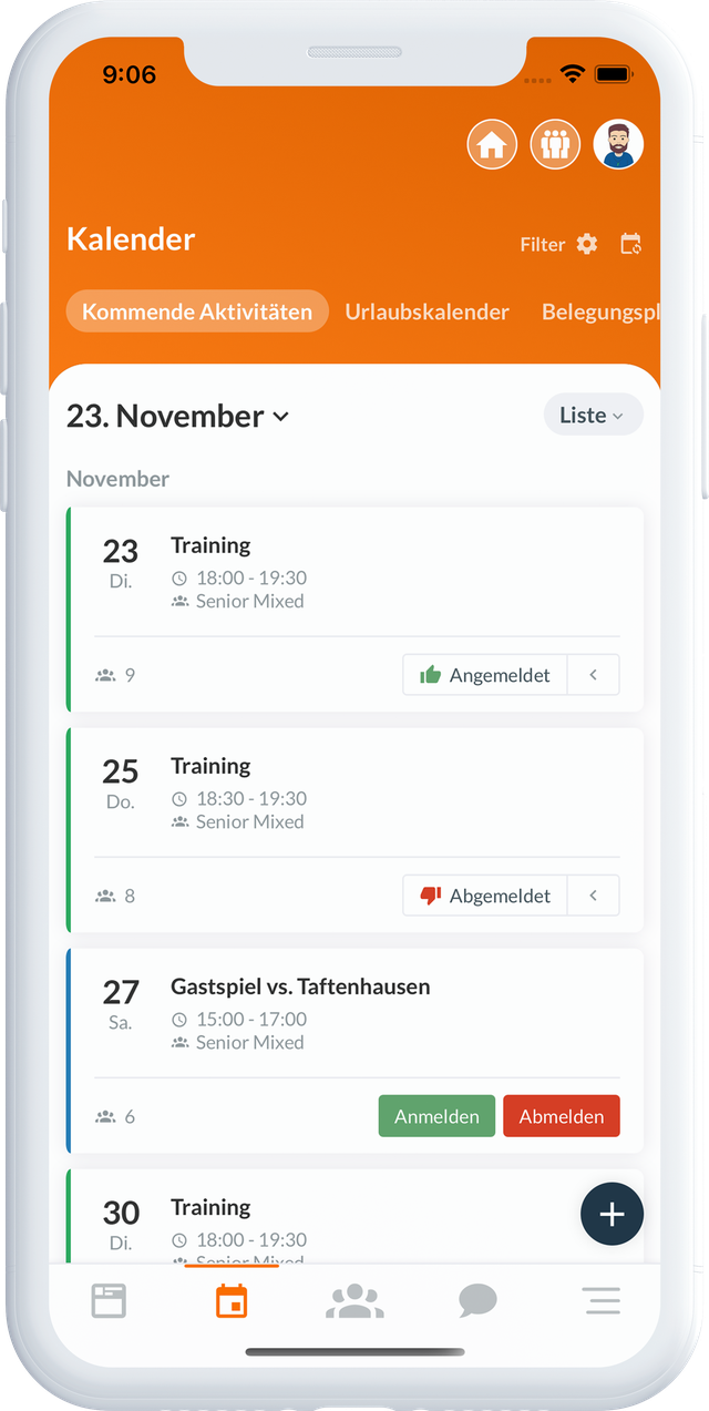 Teamkalender in der SportMember App mit Zu- und Absagen für Training und Spiel
